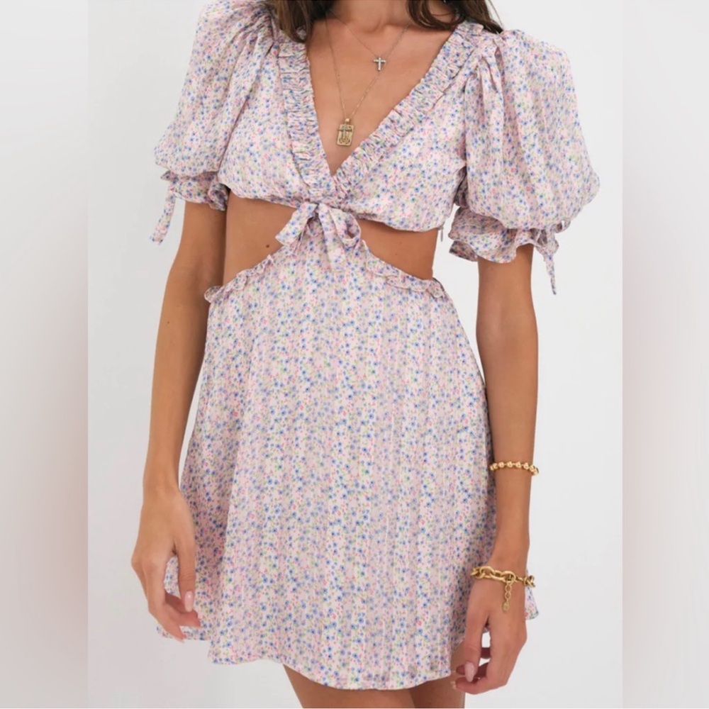 NWT PHOEBE FLORAL-PRINT CUTOUT SATIN CHIFFON MINI DRESS - Picture 2 of 5